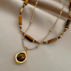 Retro Temperament Layered Tiger Eye Stone Pendant Necklace Stainless steel Double-Layer Chain Sets Jewelry