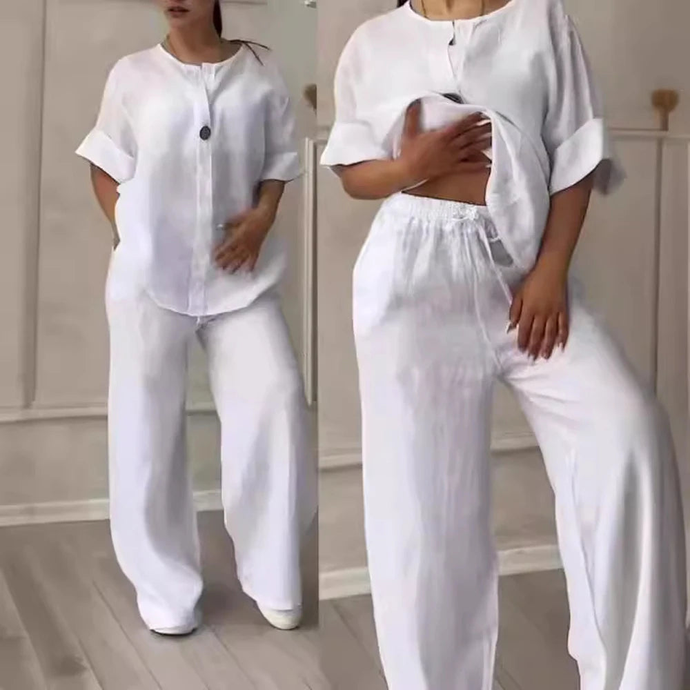 Women’s Cotton Linen 2-Piece Set – Blouse & Wide Leg Pants