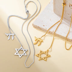 Dawapara Star of David and Jewish Hebrew Chai Pendant Long Necklace Sweater Chain Hexagram Judaism Stainless Steel Jewelry