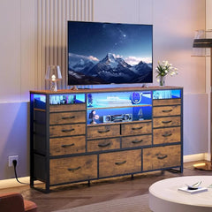 TV Stand for 55 60 65 inch TV Entertainment unit with LED Lights Charging Station Media Console Table with 15 Fabric Drawers Living Room Furniture