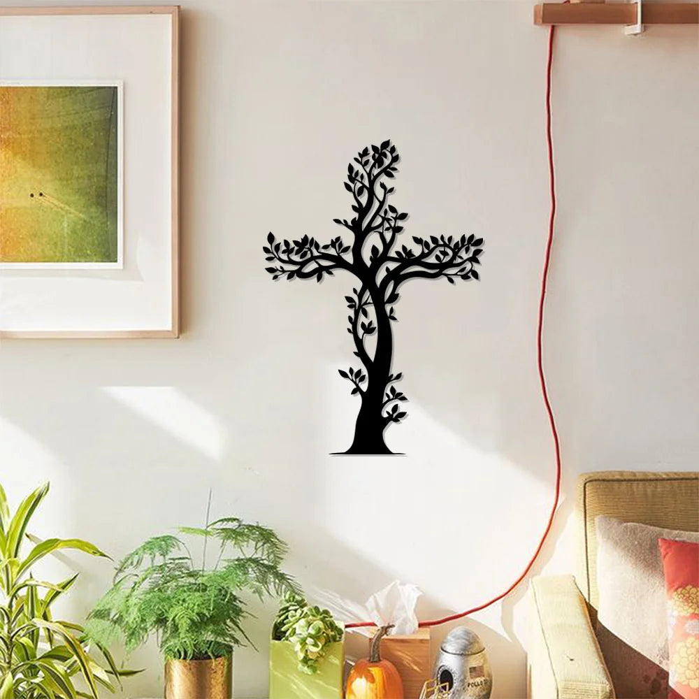 Vintage Iron Living Cross Metal Wall Decor - Weather-Resistant Christian Religious Art, Year-Round Christmas Home Decor