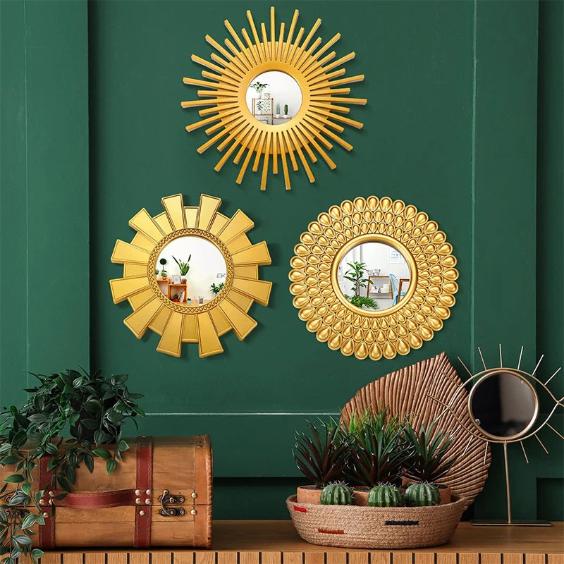 3PCS Golden Frame Decorative Mirror Sun Shaped Hanging Mirrors Wall Decor Living Room Background Mirror Home Decorations