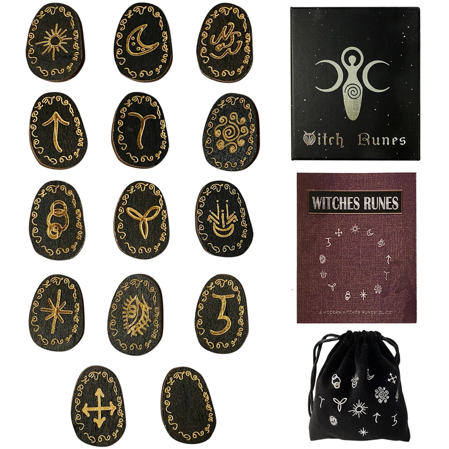Mystic Witch Runes Set 13pcs Wooden Rune Stones with Symbols Altar Divination Tools Norse Viking Letters Healing Meditation Kit
