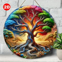 1 piece, 2D, retro tree of life mandala wood wall art, round wooden signboard, no power supply very suitable for room decoration