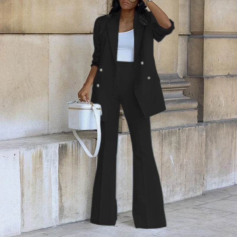 Women’s Solid Color Casual 2-Piece Wide-Leg Pants Set