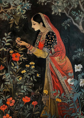 Retro Traditional Indian Woman Lady in The Garden Animals Pattern Poster Canvas Painting Wall Art Pictures Home Interior Decor