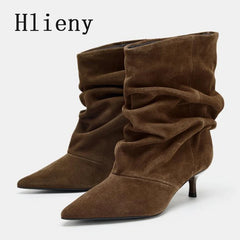 Liyke Winter Pleated Suede Women Shoes Pointed Toe Low Thin Heels Female Brown Retro Elegant Designer Ankle Boots Bottes Femme