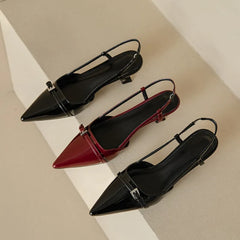 2024 New Summer Women's Dress Shoes Patent Leather Slip on Pointed Toe Sandals Buckle Slingbacks Mid Heels Pumps Sandalias Shoes
