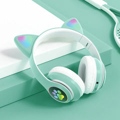 Flash Lamp Cute Cat Ears Headphone Bluetooth5.0 Stereo With Mic Support TF Card Wireless Kids Girl Earphone Birthday Gift