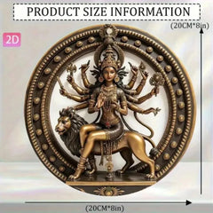 Hindu Goddess Durga Vintage Aluminum Wall Art Plaque - Golden & Black Lion Mount Indian Deity Home Decor