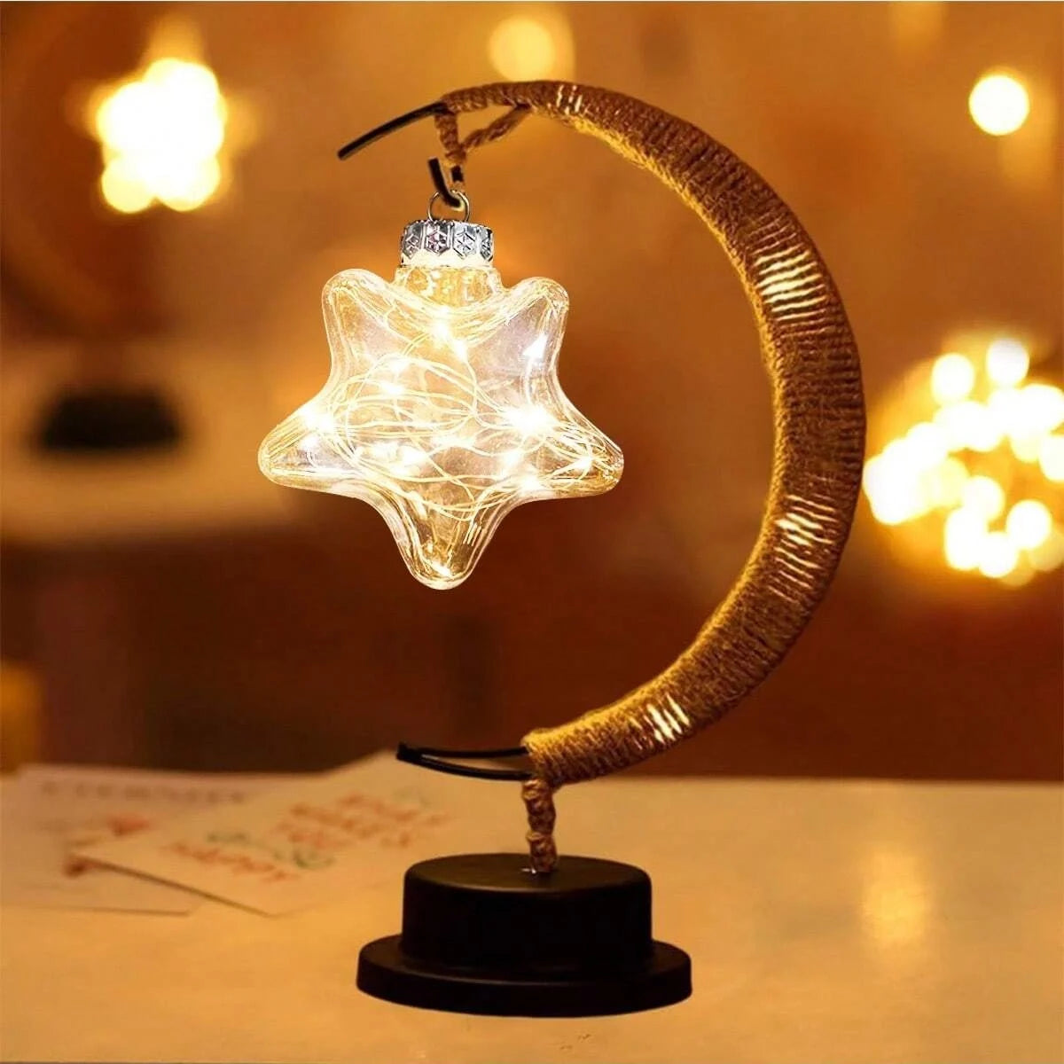 1pc Ramadan Table Lamp Gold Moon Decorative Night Light With Hanging Star or Ball Battery Powered Perfect For Home Bedroom Decor