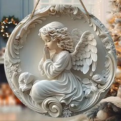 Virgin Mary Nativity Scene Metal Tin Sign with 2D Relief Effect of Jesus, Round, for Christmas.