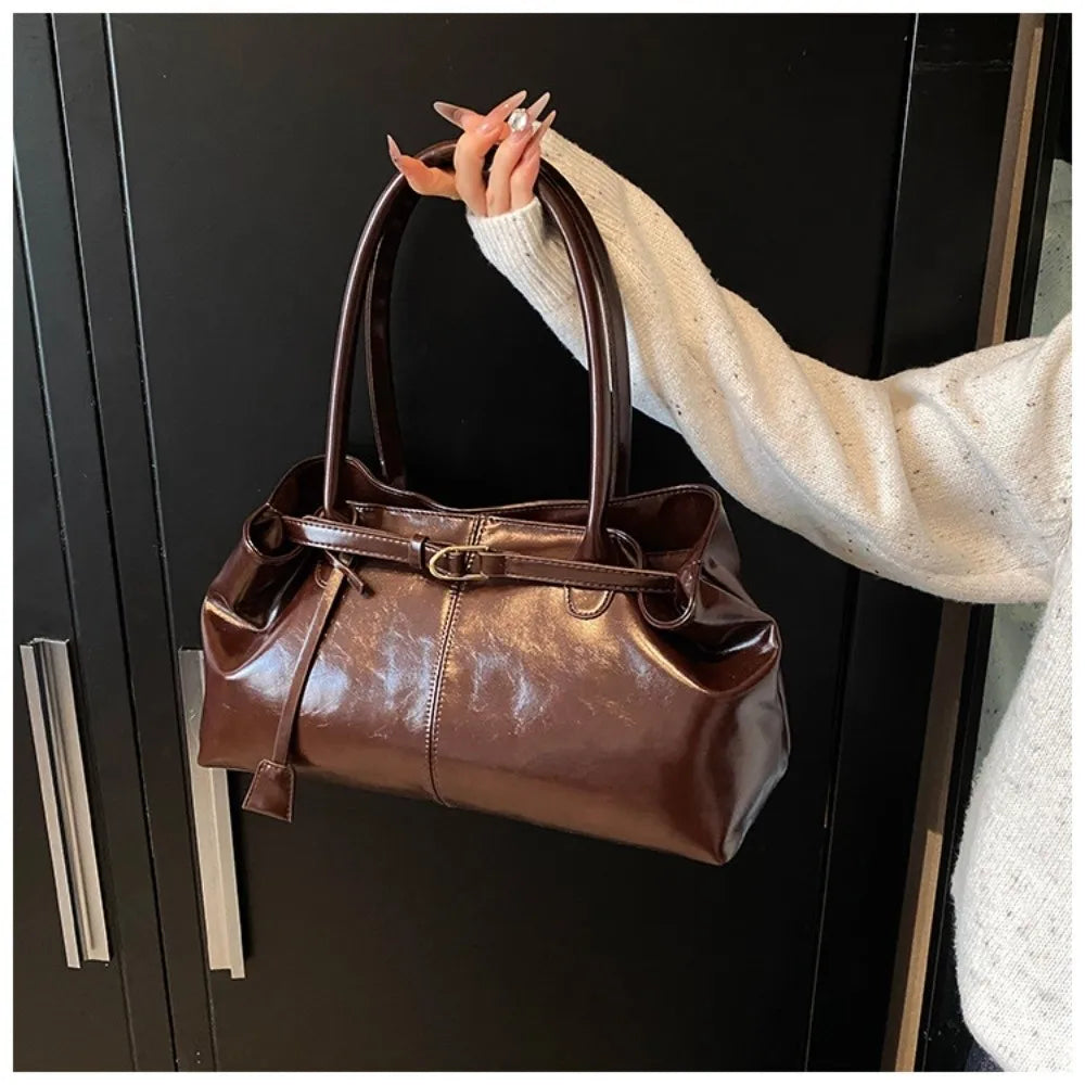 Large Capacity Oil PU Leather Shoulder & Tote Bag for Women