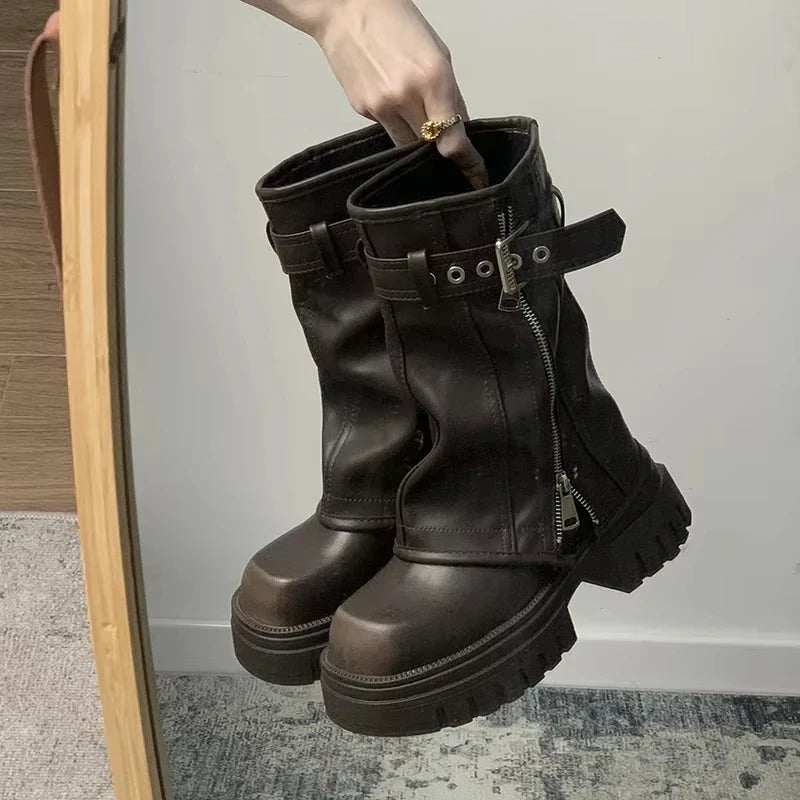 Winter Women Biker Boots Fashion Belt Buckle Ladies Elegant Platform Flats Short Booties Casual Women's Knight Booties Shoes