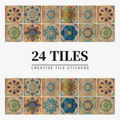24 pieces of Mandala Retro Pattern Glossy Self-adhesive Tile Stickers for Kitchen and Bathroom Removable Waterproof Wall Sticker Home Decor