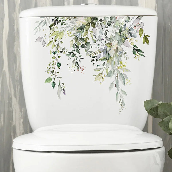 Green Plant Leaves Bathroom Toilet Sticker WC Closestool Wall Sticker Self Adhesive Mural Beautify Flower Home Decor Decals