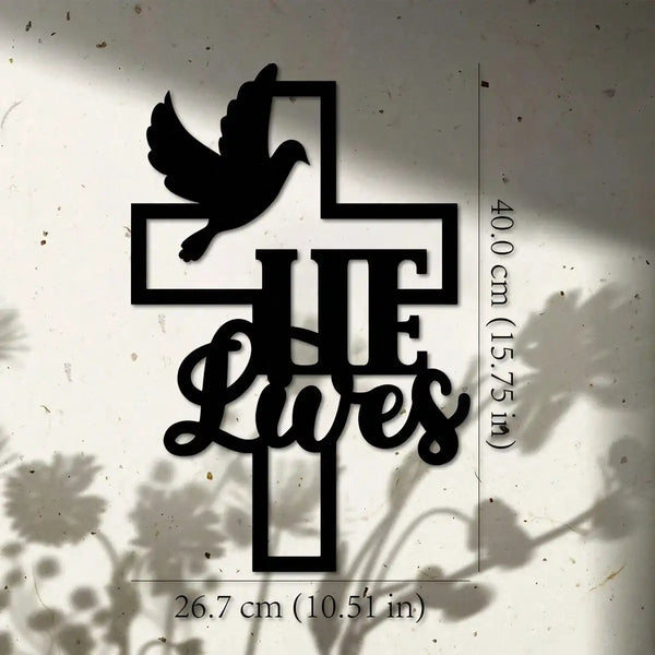 Faith Hope Love Christian Cross Metal Wall Art 15.75in Black Gold Dove Home Decor
