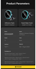 Essager 15W Magnetic Wireless Car Phone Holder Adjustable 360 Degrees Car Charger For IPhone15 14 13 Pro Samsung Universal Phone