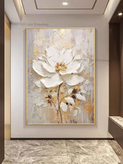 Nordic Handpainted Gold White Flower Oil Wall Art Home Decor