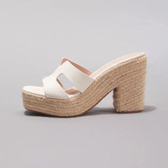 Woven Hemp Rope Thick Heel White Wedge Sandals Summer Waterproof High Heels Cross-Border Style Ladies Slip-On Shoes