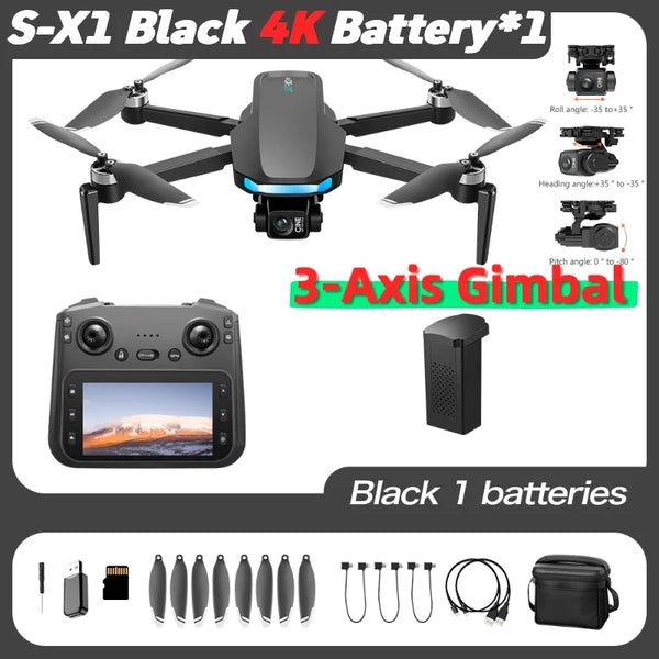 S-X1 MAX GPS Drone with 3-Axis Gimbal 5000m FPV 8K/4K HD Camera with LCD RC Screen 3 Batteries Professional RC Quadcopter Gifts