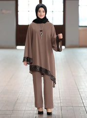 Ramadan 2 Piece Set Muslim Women Turkey Asymmetry Abaya Blouse Wide Leg Pants Kaftan Eid Suits Islamic Clothes Djellaba Musulman