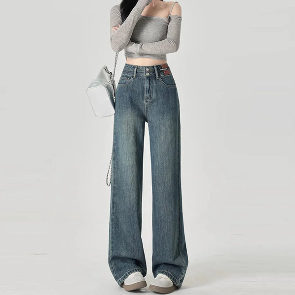 Women's Narrow Cut Wide Leg Jeans With High Waist And Hanging Feeling Straight Leg Casual Look Slim Contrasting Colors Pants