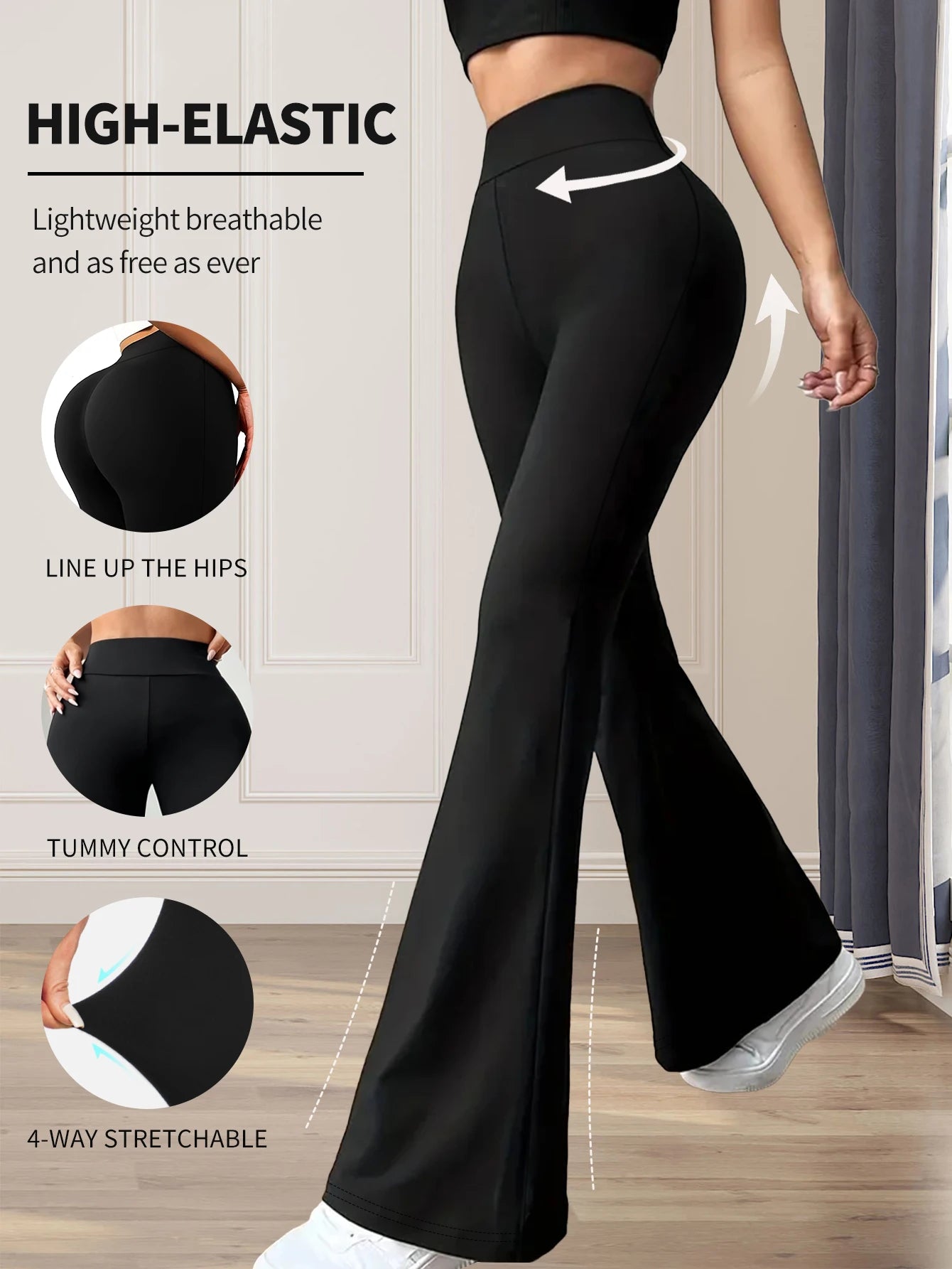 Women’s High-Waist Flared Wide-Leg Pants – Slim Fit Black