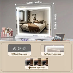 Contemporary Tabletop Vanity Compact Cosmetic Mirror with LED Light Strip-50x42cm, Large Hollywood-Inspired Rectangular Lighted
