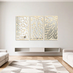 3Pcs 2D 16in Wooden Acrylic Double-Layer Wall Mirror Hollow Leaf Design Refined Lifestyle Artistic Home Decorative Mirror