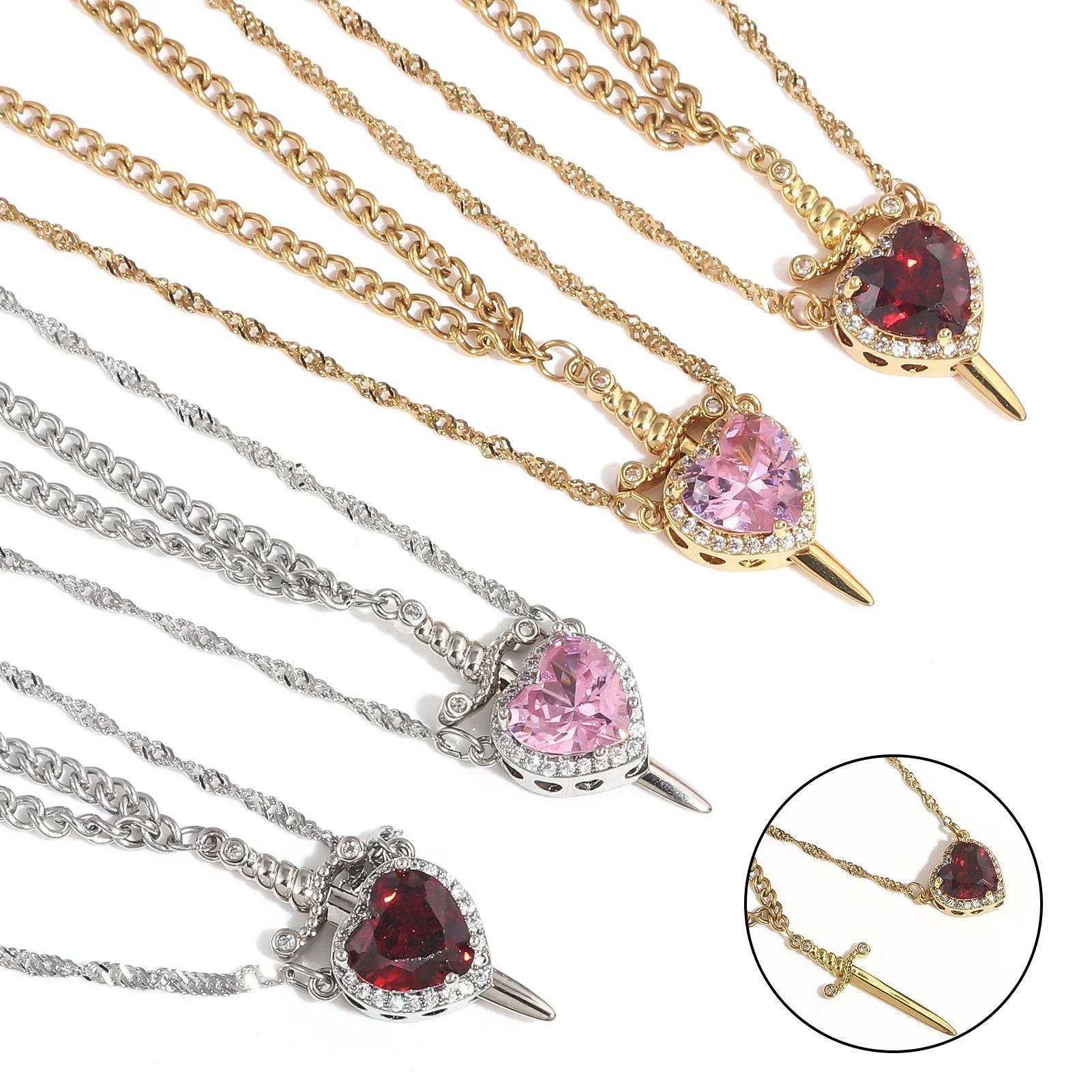 LATS 2pcs Can Be Assembled Heart and Sword Zircon Pendant Necklace for Men Couple Silver Gold Plated Choker Chain Jewelry
