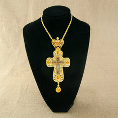 New 7.5" Crown Top Eastern Orthodox Cross Pendant Gold Plated Yellow Gemstones and Rhinestones Luxury Gift Box for Priest Gift