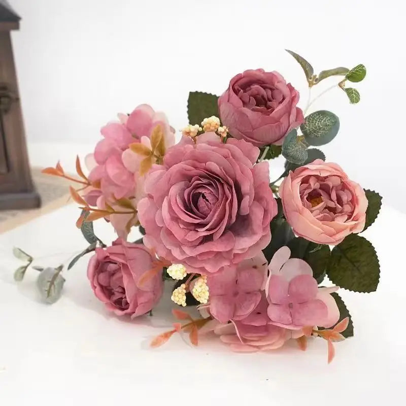 Artificial Flowers Retro Silk Rose Bouquet Hydrangea Peony Vintage Bride Holding Fake Plants Home Wedding Decoration Accessories