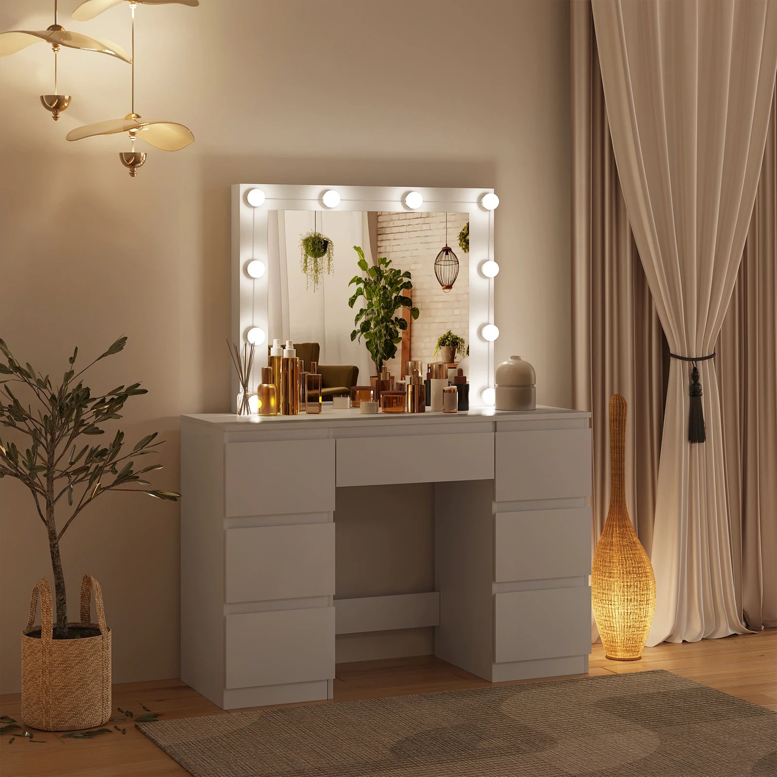 Vanity Dressing Table with LED Lighting Adjustable Brightness Cosmetic Table Large Mirror 7 Drawers for Girls Women Bedroom Furniture