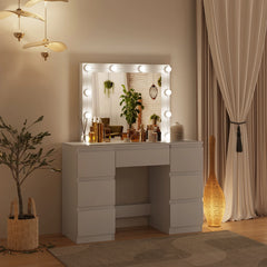Vanity Dressing Table with LED Lighting Adjustable Brightness Cosmetic Table Large Mirror 7 Drawers for Girls Women Bedroom Furniture