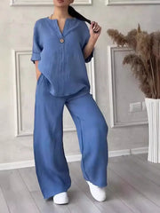 Women’s Cotton Linen 2-Piece Set – Blouse & Wide Leg Pants