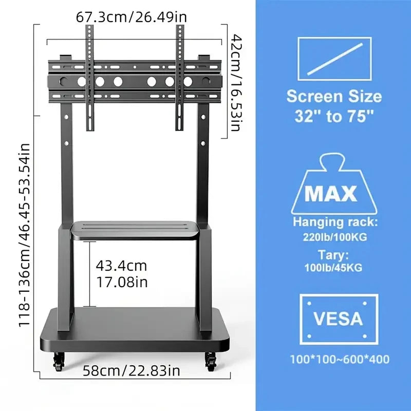 Mobile TV Cart, Height Adjustable TV Stand for 32-75inch TVs with Lockable Wheel,Rolling TV Stand with Wheels Max VESA 600x400mm Living Room Furniture