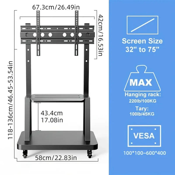 Mobile TV Cart, Height Adjustable TV Stand for 32-75inch TVs with Lockable Wheel,Rolling TV Stand with Wheels Max VESA 600x400mm Living Room Furniture