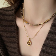 Retro Temperament Layered Tiger Eye Stone Pendant Necklace Stainless steel Double-Layer Chain Sets Jewelry