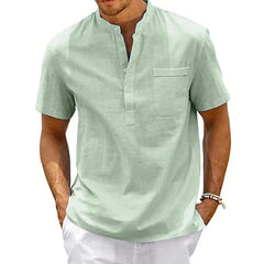 Men’s Cotton Linen Henley Shirt – Casual Short Sleeve Top