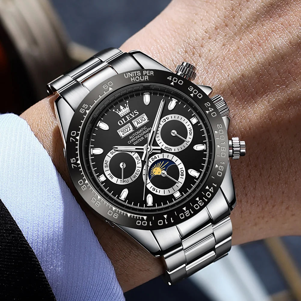 OLEVS 6654 Luxury Mens Watch Chronograph Automatic Mechanical Wristwatch Waterproof Luminous Top Brand Watch for Man Date Sport