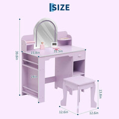 Lighted Princess Vanity Table with Stool Kids Makeup Desk Set Featuring , Drawer & Storage Shelves Girls Room Decor Dressing Table Bedroom Furniture