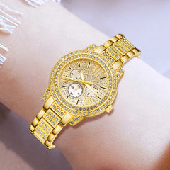 Women’s Gold Quartz Watch & Rhinestone Jewelry Set – Luxury Casual