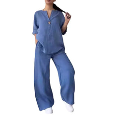 Women’s Cotton Linen 2-Piece Set – Blouse & Wide Leg Pants