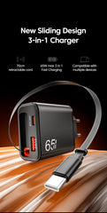 65W USB Phone Charger With Retractable Super Fast Charging Type C Cable For iPhone 17 16 POCO Xiaomi QC 3.0 USB PD Wall Charger