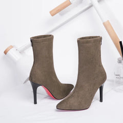 Autumn Winter New High Heel Velvet Short Boots Pointed Toe Solid Color Thin Heel Suede Versatile Sock Boots Stretch Women Shoes