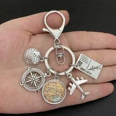 New ideas Earth plane keychain pendant earth compass personality memorial key ring gift for travel lovers