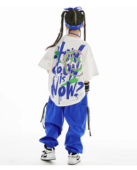 Jazz Dance Clothes Boys Girls Hip Hop Costume Loose Shirt Blue Pants Boys Breaking Street Dance Outfit Short Sleeves Suit