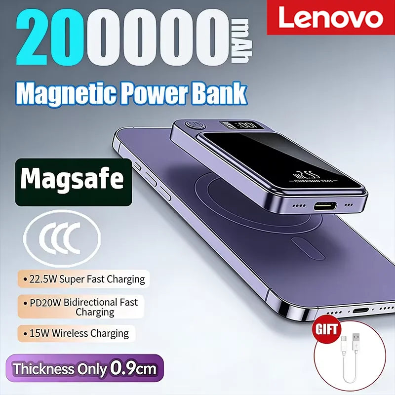 Lenovo 2026 200000mAh Magnetic Wireless Power Bank Portable Fast Charger For Magsafe Auxiliary Battery For iphone Huawei Samsung