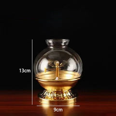 Golden Oil Lamp For Buddha With Glass Windproof Cover,Metal Buddhist Lantern Burner,Religious Candlestick Item